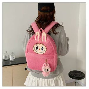Mochila de peluche Labubu rosa – accesorio kawaii con llavero incluido