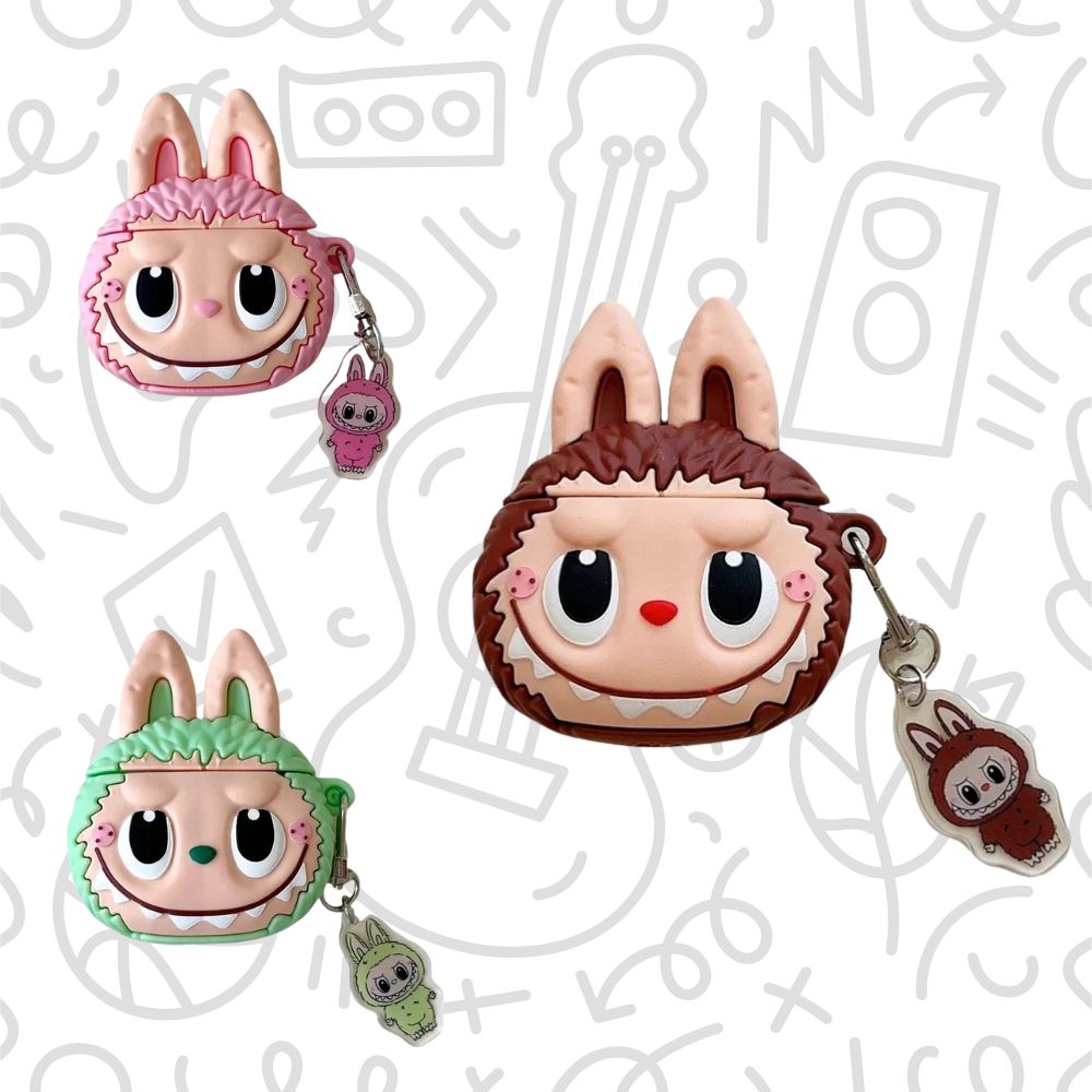 Funda protectora Labubu para AirPods (Rosa / Verde / Marrón) – Carcasa de silicona antigolpes con llavero decorativo