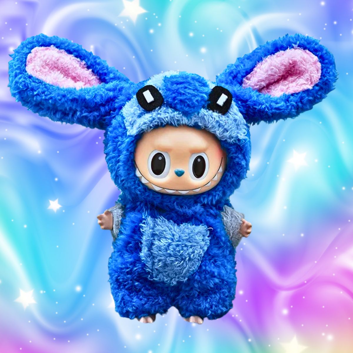 Disfraz de Peluche Labubu × Stitch - Traje Azul Esponjoso y Adorable